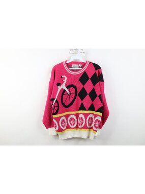 Vintage 90s Streetwear Womens Medium Abstract Bicycle Cycling Knit Sweater Pink